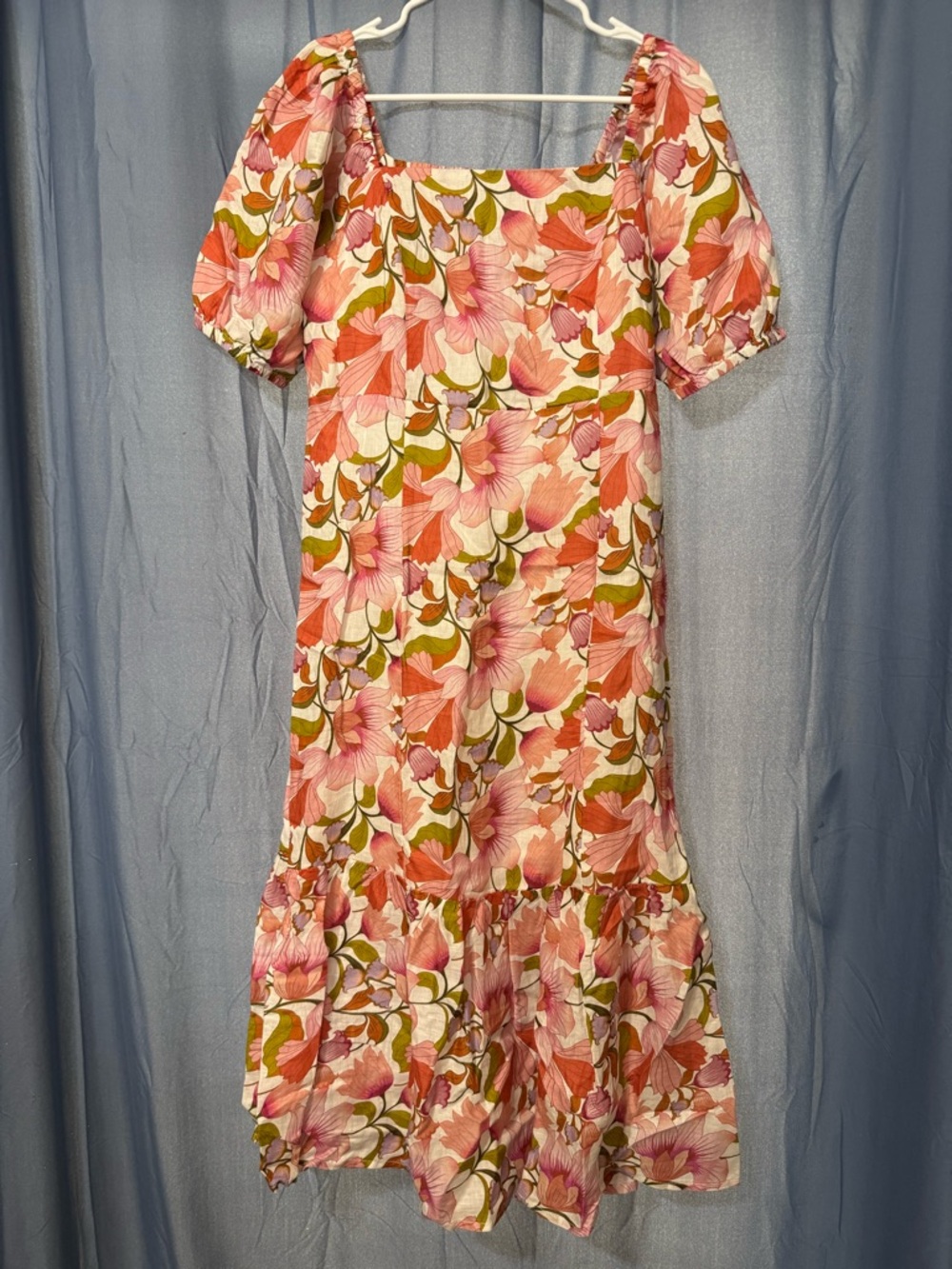 Garnet Hill Linen Puff Sleeve Floral Midi Dress Boho Size Medium
